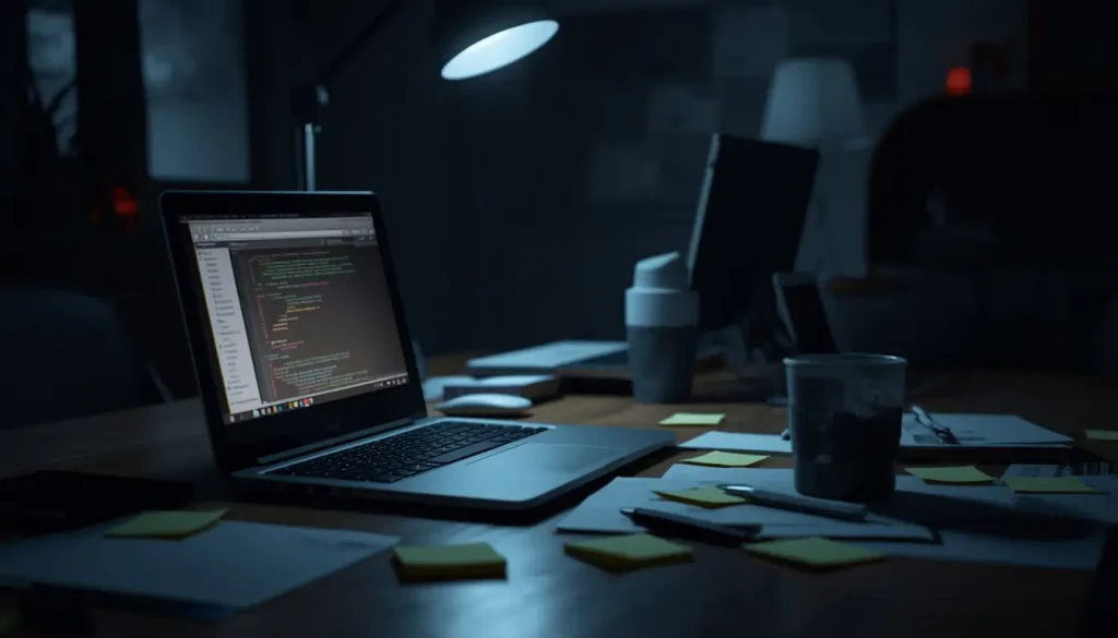 Mesa de trabalho com computador e notas de preocupação — estresse crónico causa acordar cansado mesmo dormindo