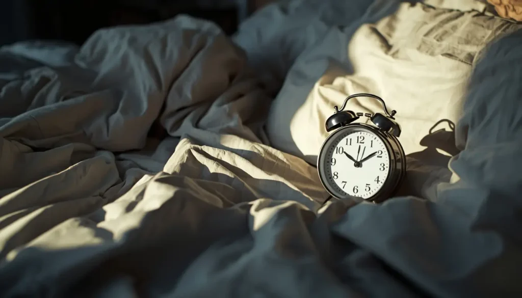 Despertador a marcar 8 horas numa cama desfeita — quantidade de sono não garante qualidade