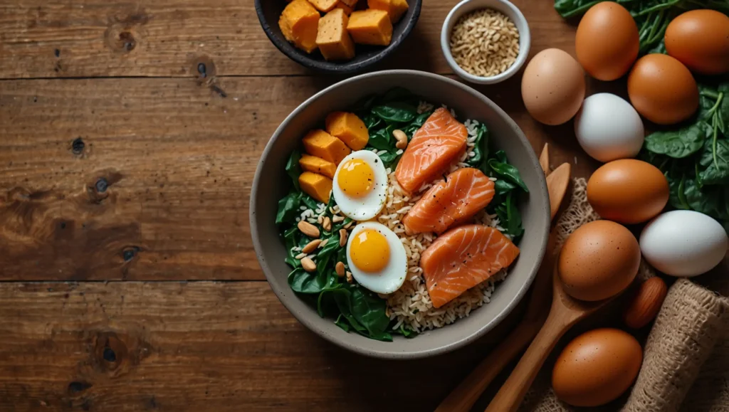 Mesa com alimentos energéticos naturais variados — alimentação como combustível para energia do corpo