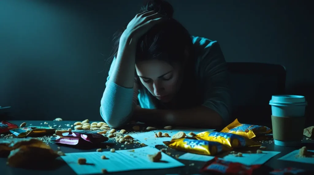 Pessoa cansada e stressada à mesa com má alimentação — relação entre alimentação stress e cansaço mental