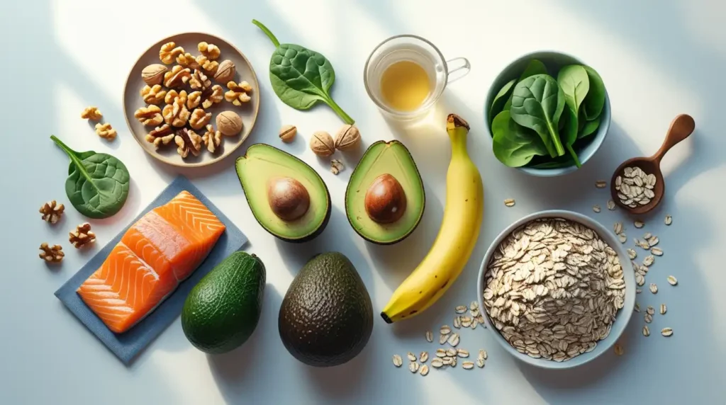 Variedade de alimentos para ansiedade incluindo peixe nozes vegetais e frutas — alimentos que reduzem a ansiedade