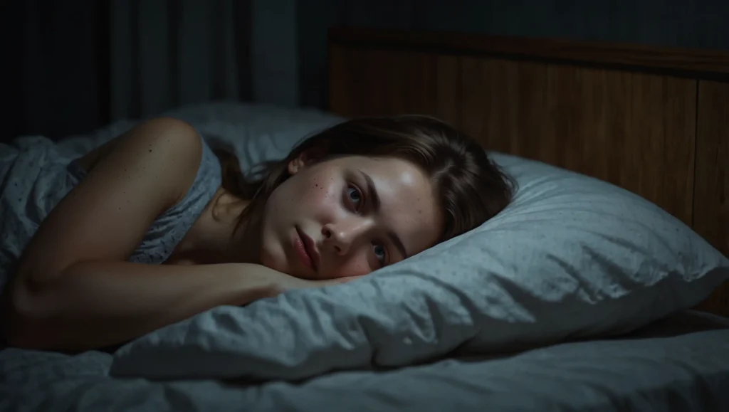 Pessoa com mente acelerada e pensamentos ansiosos deitada na cama à noite — sintomas de ansiedade leve