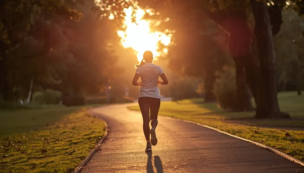Pessoa caminhando num parque ao amanhecer — benefícios da caminhada diária para a saúde