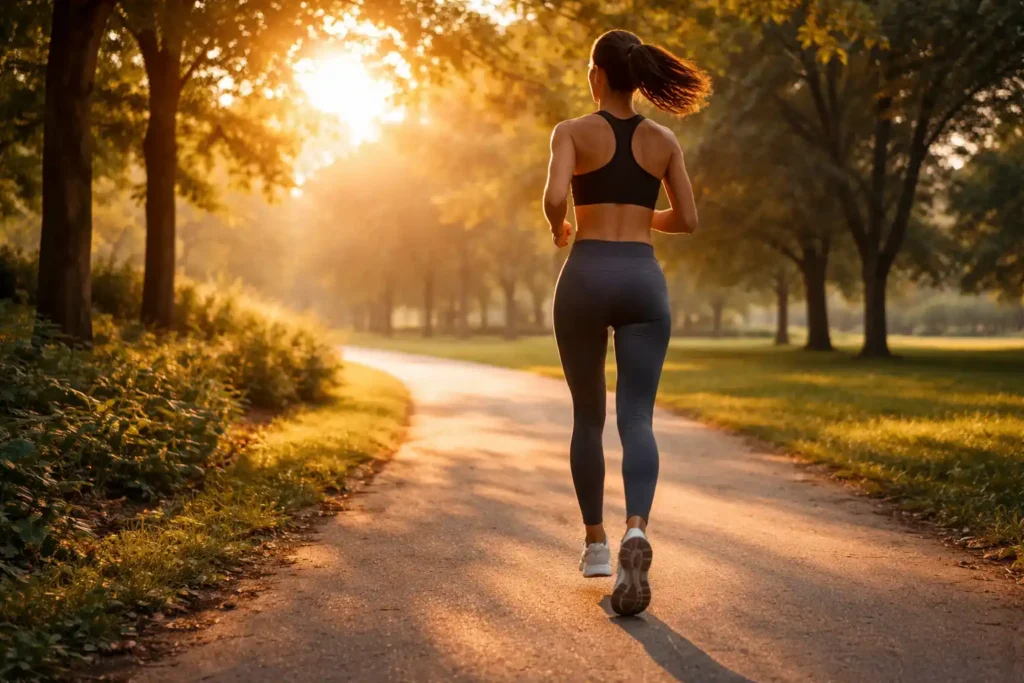 Pessoa correndo num parque ao amanhecer representando os benefícios dos exercícios físicos para a saúde