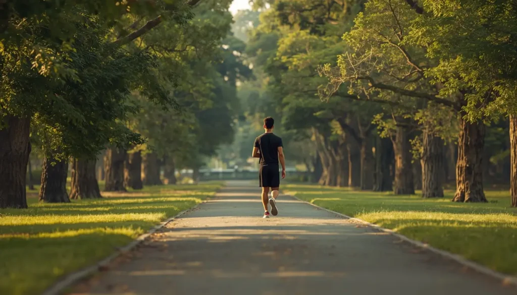 Pessoa caminhando num parque verde ao ar livre para aliviar o estresse — caminhada como exercício anti-estresse