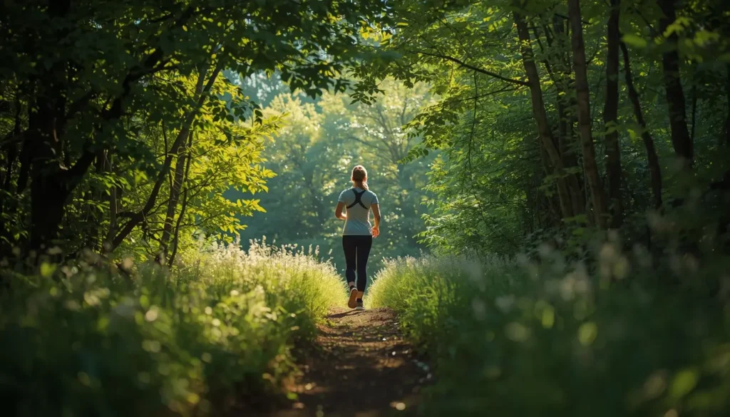 Pessoa caminhando ao ar livre em contacto com a natureza — caminhada melhora o humor e reduz a ansiedade