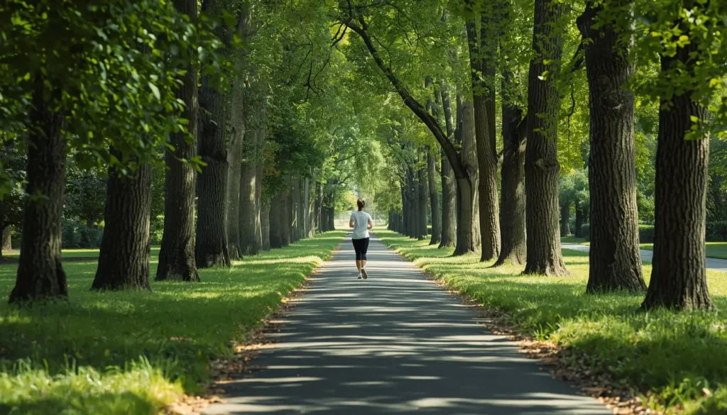 Pessoa caminhando em ritmo moderado num parque verde — caminhada diária benefícios para o coração