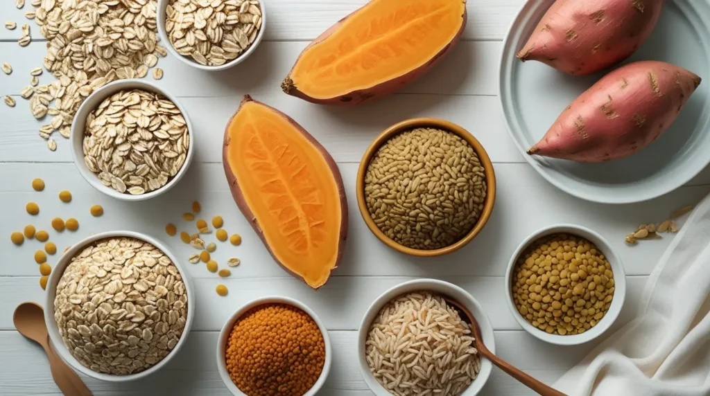 Aveia batata-doce feijão e arroz integral — alimentos com carboidratos complexos para energia lenta e duradoura