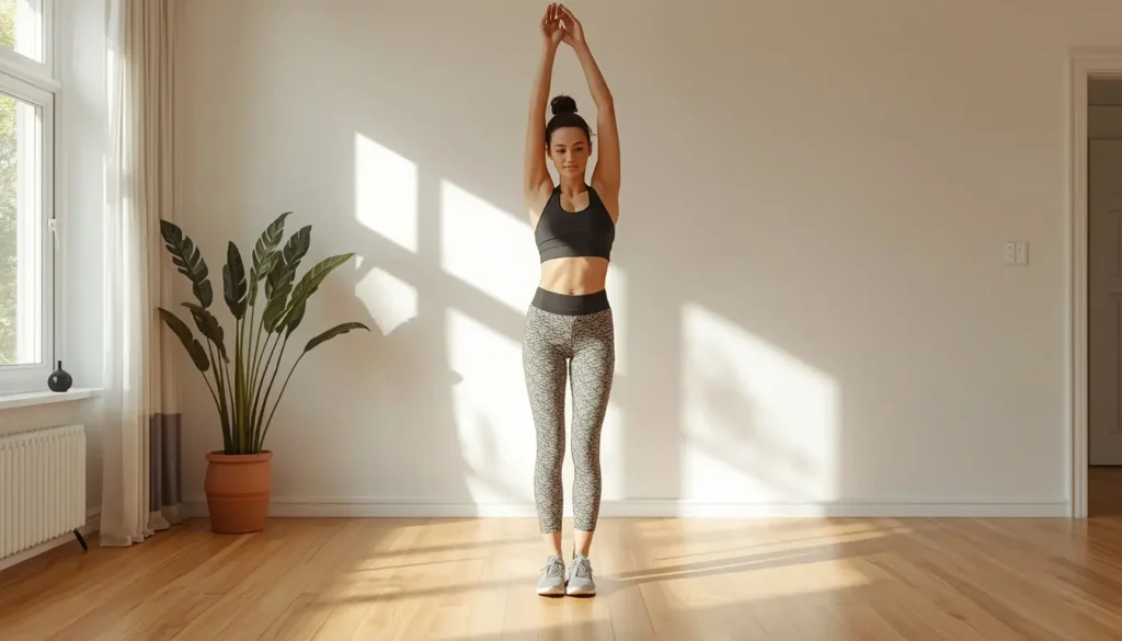 Pessoa fazendo exercício regular em casa com roupas desportivas — consistência nos exercícios para iniciantes