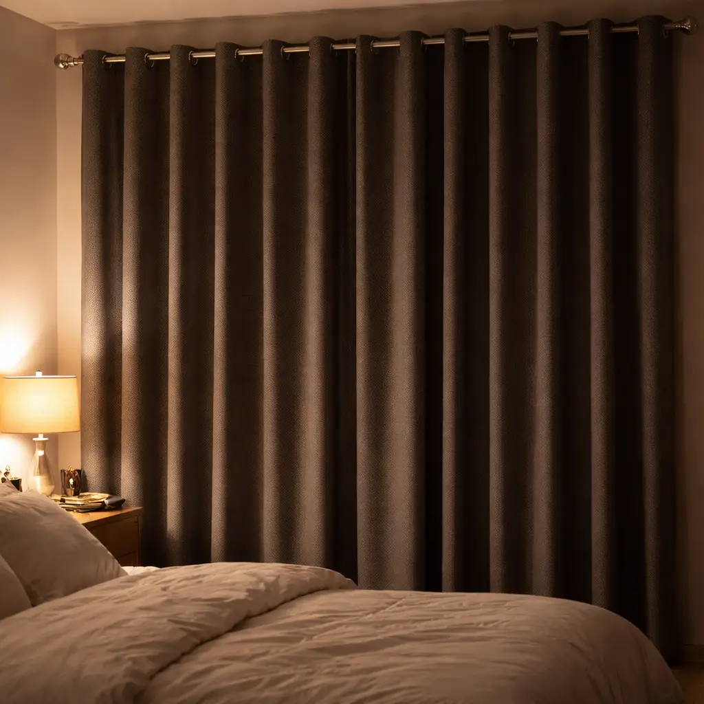 Cortinas blackout fechadas no quarto — escuridão total para não acordar cansado mesmo dormindo