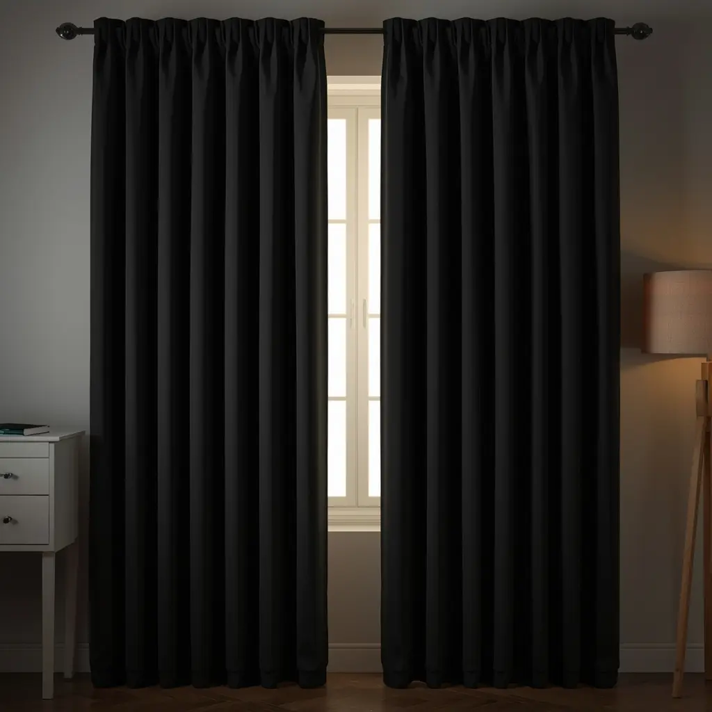 Cortinas blackout fechadas no quarto escuridão total para produção de melatonina e controlo de peso