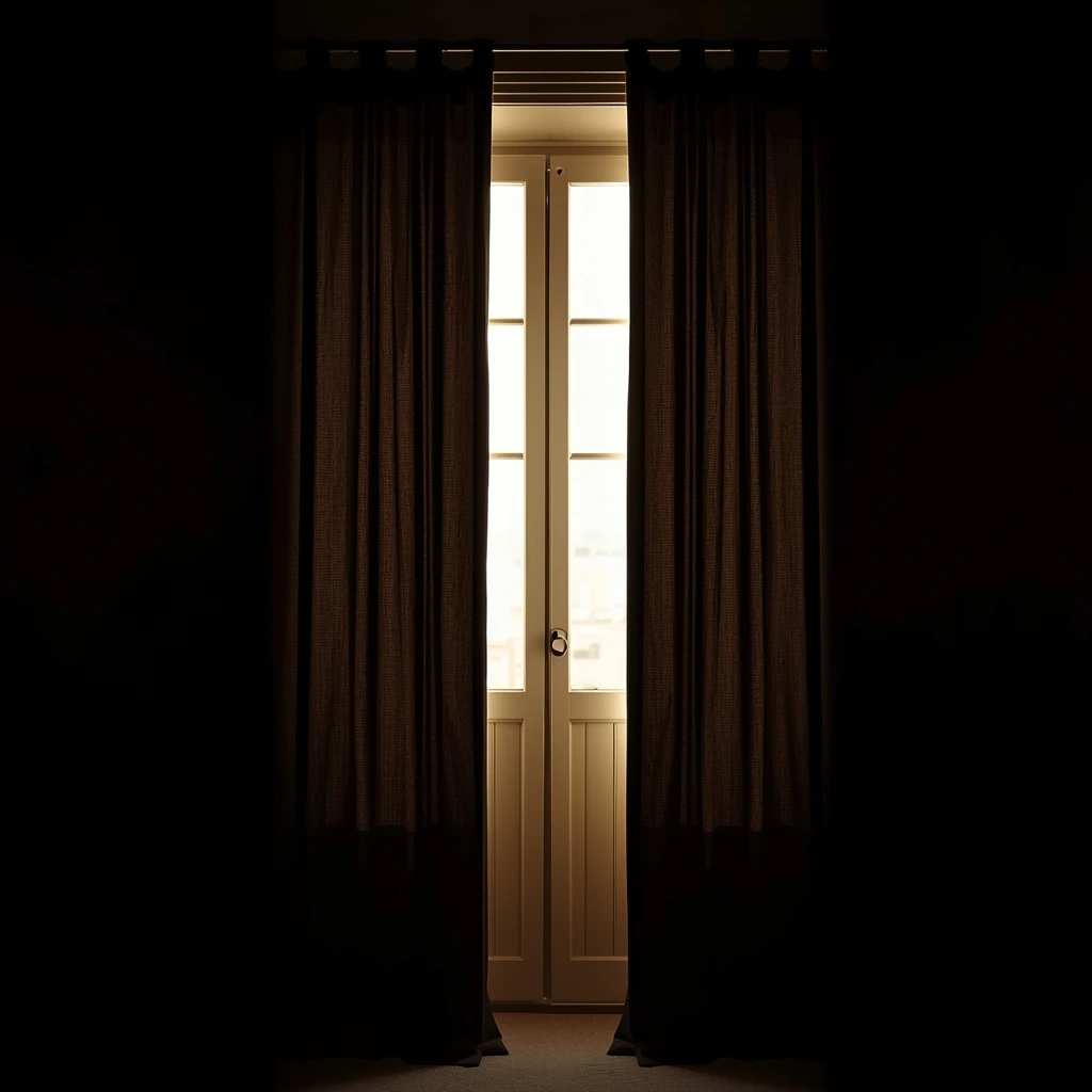 Cortinas blackout fechadas no quarto bloqueando luz externa para dormir melhor