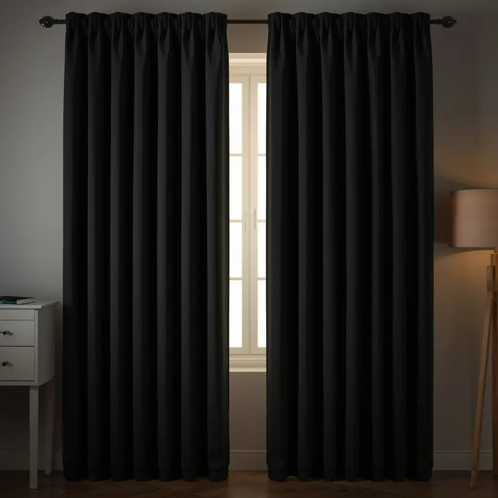 Cortinas blackout escuras no quarto bloqueando luz — essencial para melhorar o sono naturalmente
