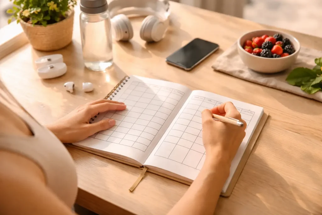 Pessoa consultando plano de treino semanal num caderno — como distribuir o exercício físico ao longo da semana