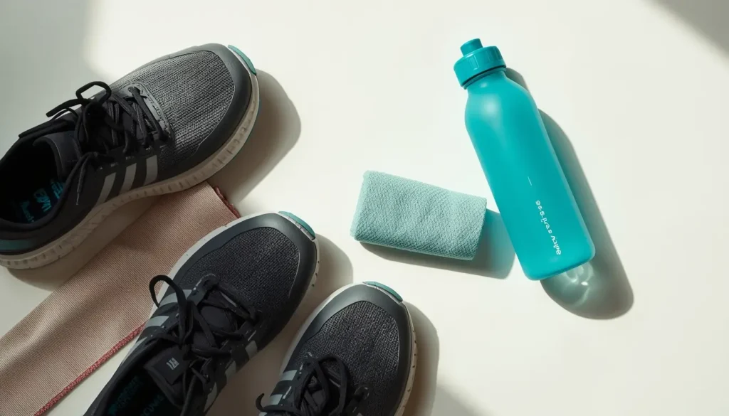 Ténis de corrida e garrafa de água sobre superfície exercício regular melhora o sono e o metabolismo