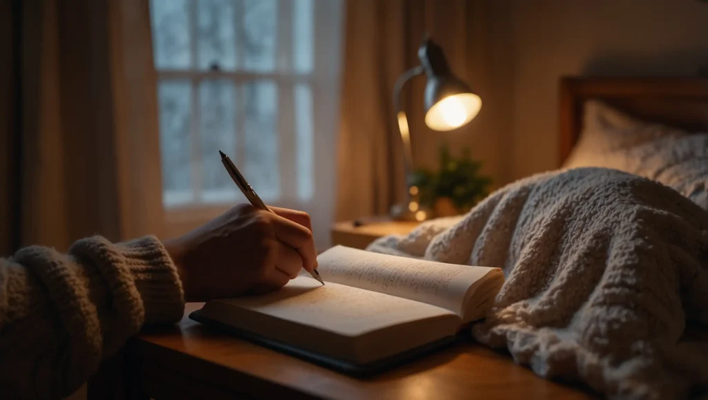 Pessoa escrevendo num caderno à luz de candeeiro antes de dormir — escrita terapêutica para esvaziar a mente
