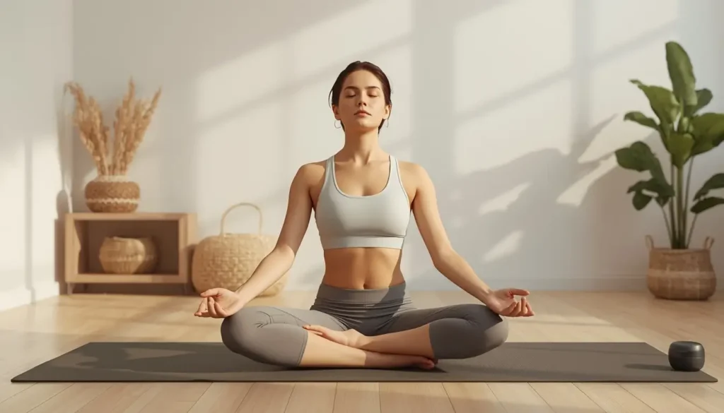 Pessoa fazendo exercício de respiração profunda sentada em tapete de yoga - exercício para reduzir cortisol e estresse