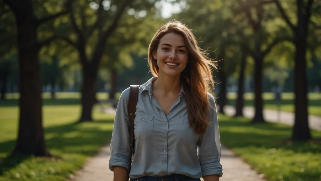 Pessoa a caminhar ao ar livre com expressão relaxada — exercício físico melhora a saúde mental