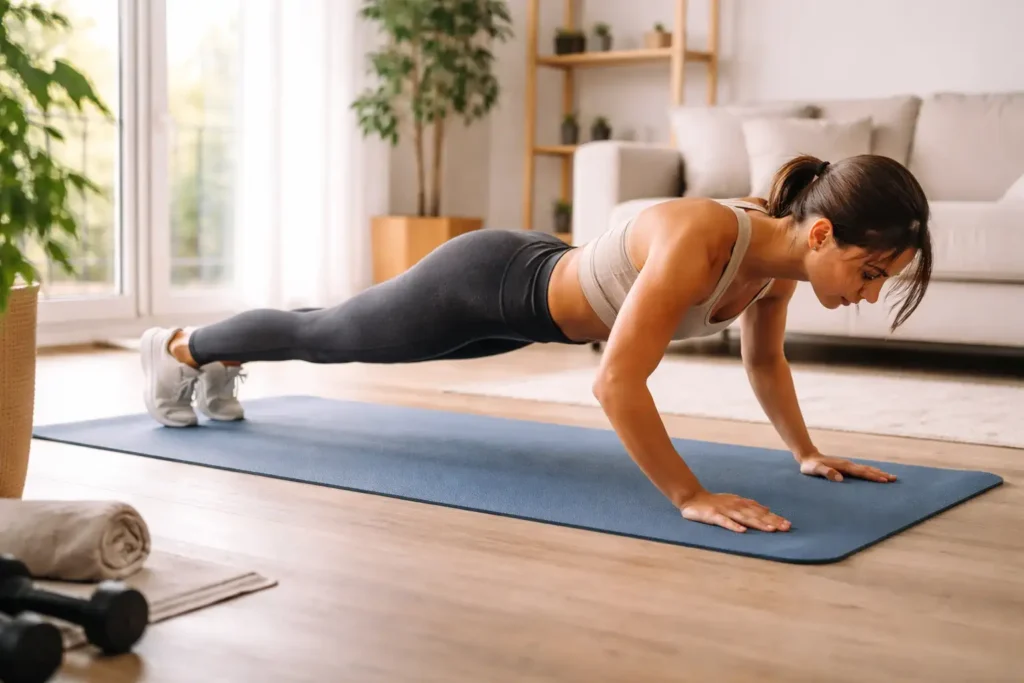 Pessoa fazendo flexão de braços em tapete de yoga em casa — exercícios físicos em casa sem equipamento