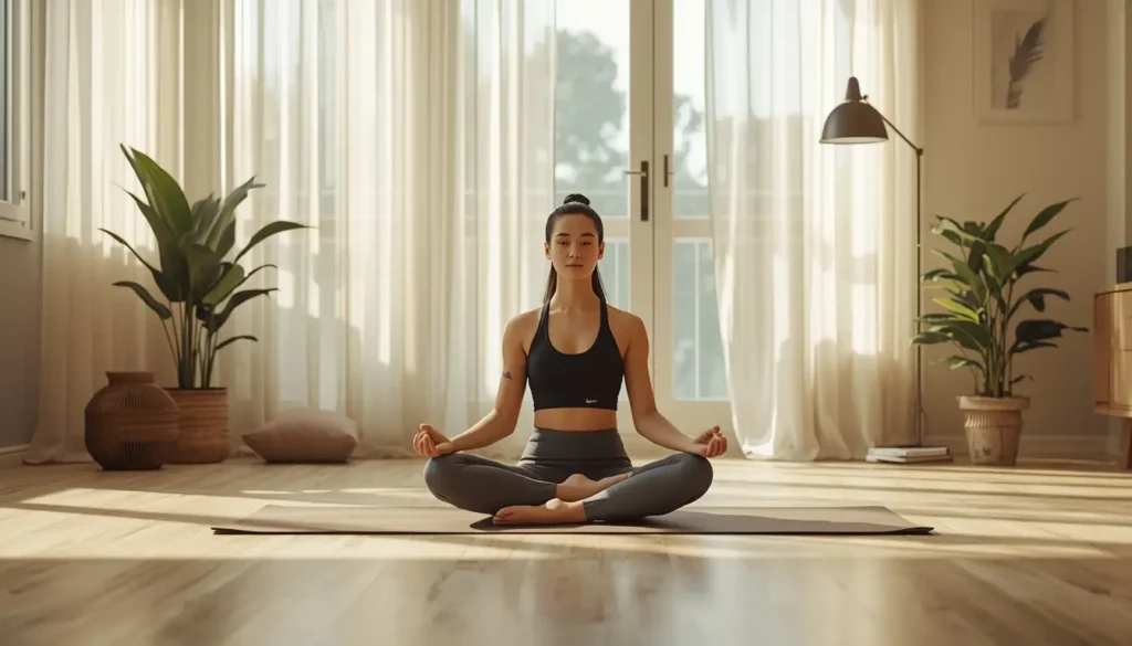 Pessoa relaxada após exercício leve sentada em tapete de yoga — exercícios para iniciantes melhoram o humor e reduzem a ansiedade