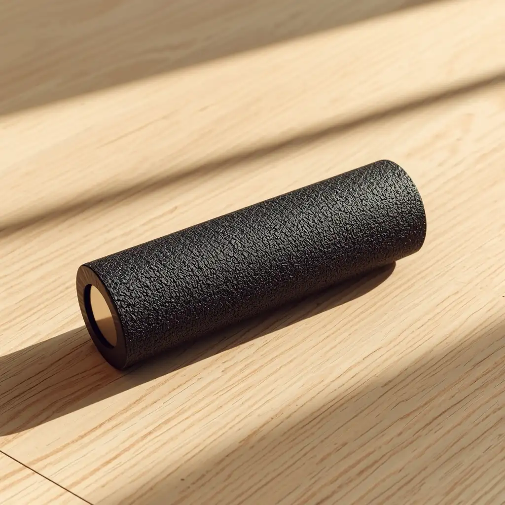 Rolo de espuma foam roller preto sobre superfície clara — recuperação muscular após exercícios físicos