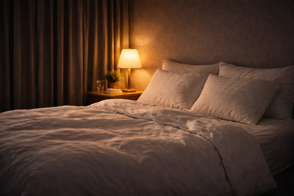 Quarto escuro e organizado com cortinas blackout e ambiente ideal para dormir melhor