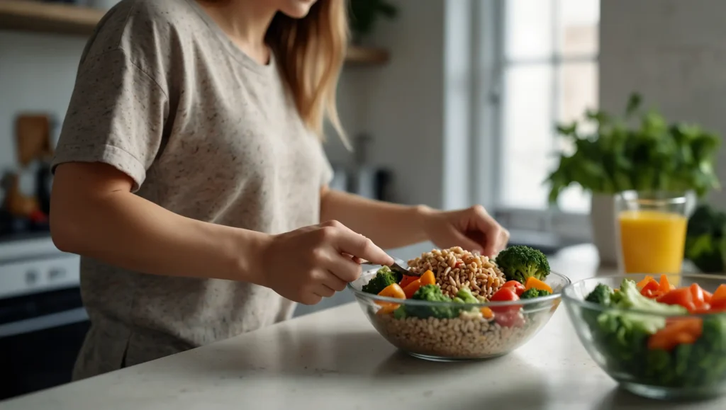 Pessoa preparando refeição saudável e equilibrada — hábitos alimentares que combatem a falta de energia