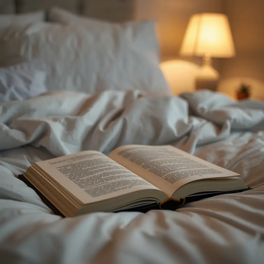 Livro aberto sobre sono e relaxamento sobre mesa de cabeceira com luz suave — leitura antes de dormir