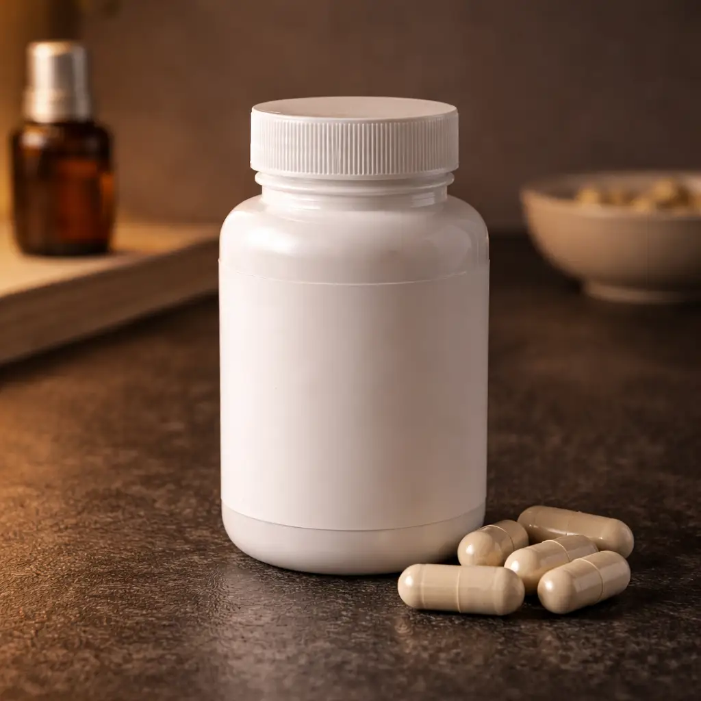 Frasco de magnésio glicinato sobre superfície escura — relaxamento muscular para não acordar cansado