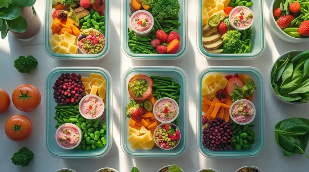 Potes com refeições preparadas antecipadamente para a semana — meal prep preparação semanal de refeições