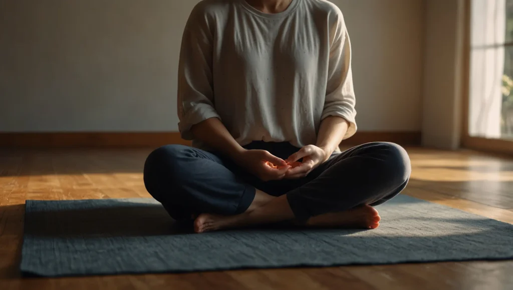Pessoa praticando meditação mindfulness em casa para aliviar cansaço mental — técnicas de relaxamento mental