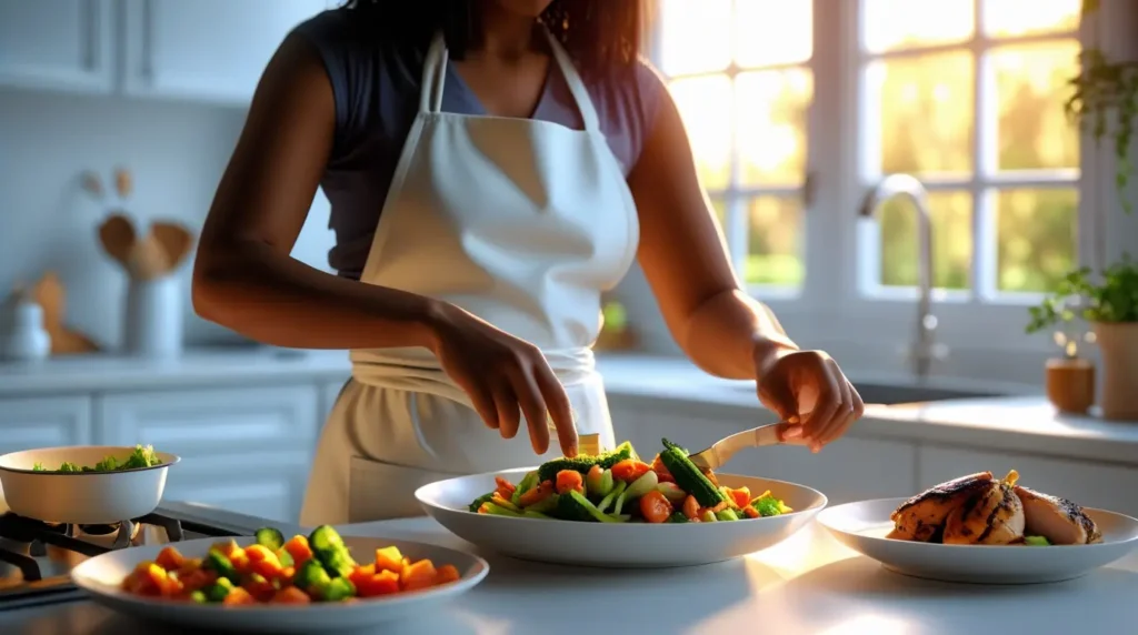 Pessoa preparando refeição saudável e leve à noite — pequenas mudanças alimentares melhoram sono e humor