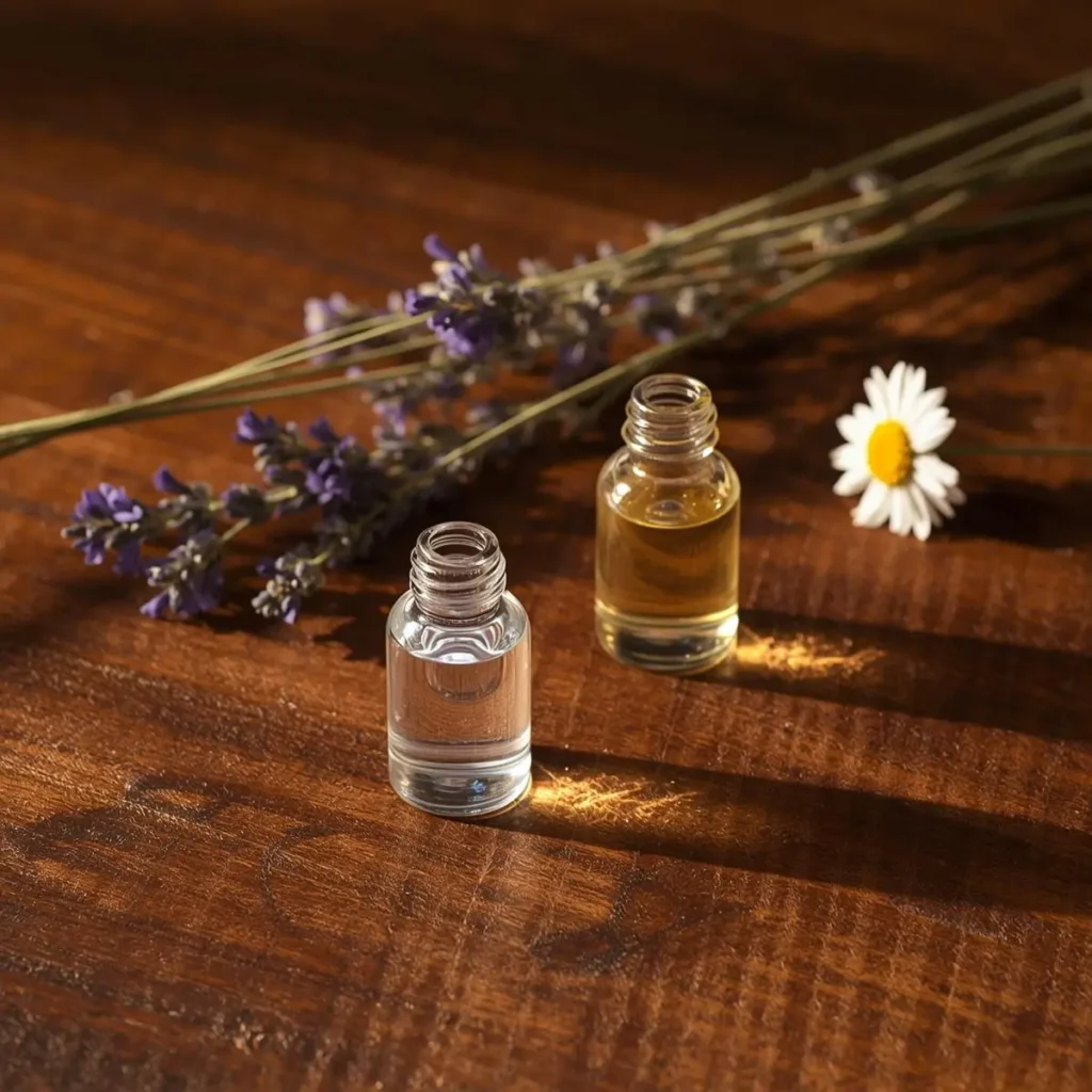 Kit de óleos essenciais de lavanda e camomila sobre superfície de madeira — aromaterapia para sono