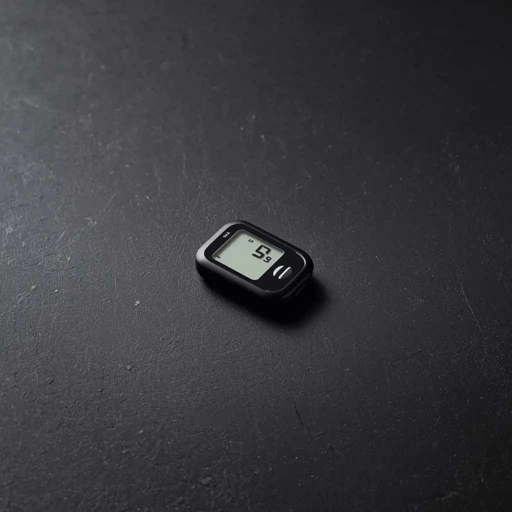 Pedómetro digital preto sobre superfície escura — contador de passos para metas de exercício anti-estresse