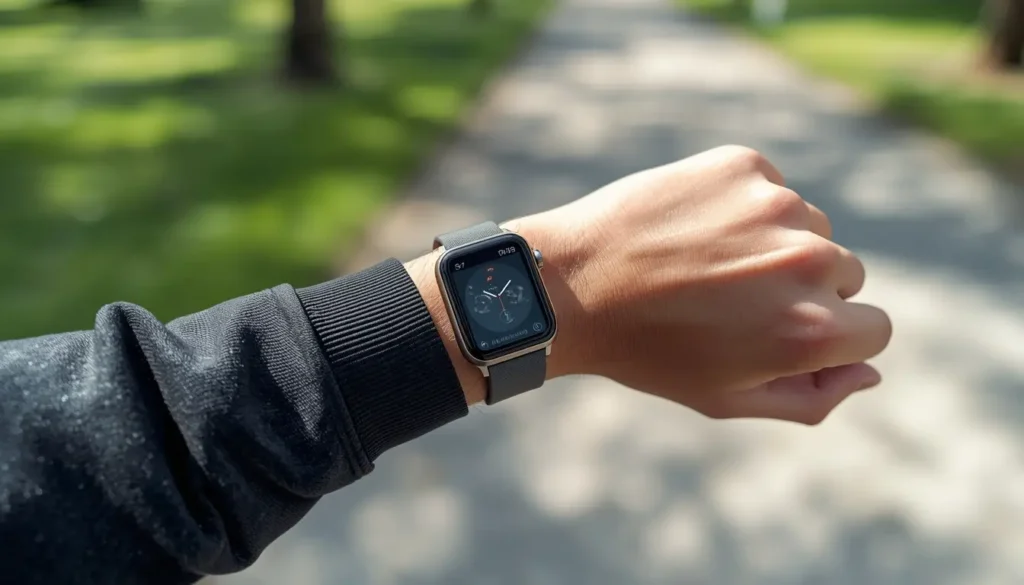 Pessoa caminhando com smartwatch no pulso a monitorizar o tempo e os passos — quanto tempo caminhar por dia