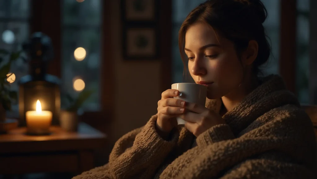 Pessoa num ritual noturno relaxante com chá quente e luz suave — ritual de desaceleração para acalmar a mente antes de dormir
