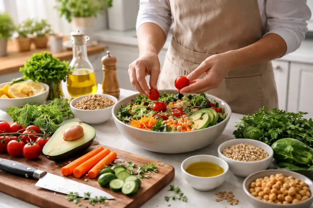 Pessoa preparando refeição saudável equilibrada com alimentos para ansiedade — rotina alimentar para reduzir ansiedade