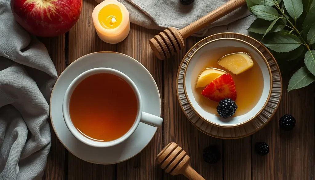 Chá de camomila e fruta leve sobre mesa à noite alimentação saudável para rotina noturna