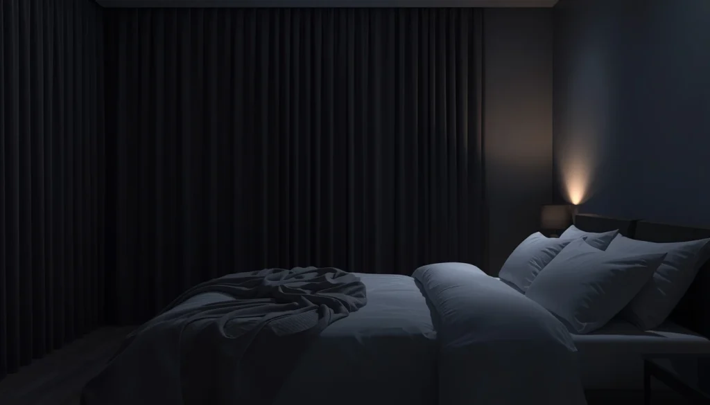 Quarto escuro e confortável com cortinas fechadas e cama arrumada ambiente ideal para rotina noturna saudável