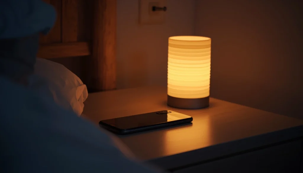 Telemóvel virado para baixo na mesa de cabeceira evitar telas antes de dormir para rotina noturna saudável