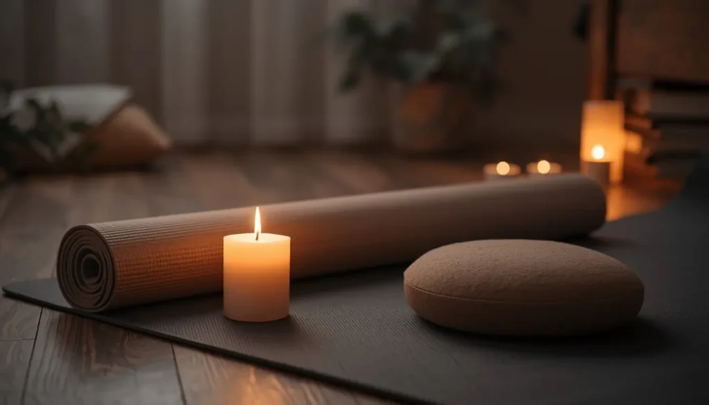 Vela acesa e tapete de yoga dobrado em ambiente calmo técnicas de relaxamento para rotina noturna saudável