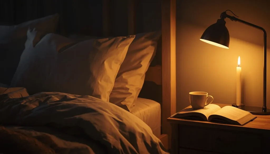 Rotina noturna saudável quarto aconchegante com luz suave e ambiente relaxante para dormir melhor
