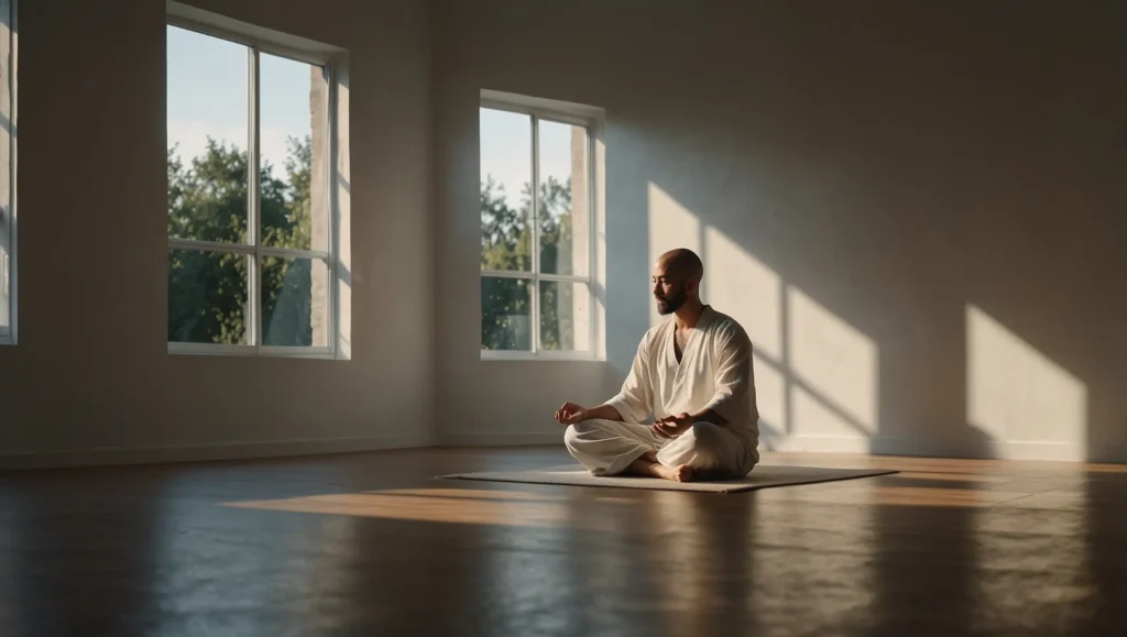 Pessoa com expressão serena e equilibrada em ambiente calmo — saúde mental equilíbrio emocional