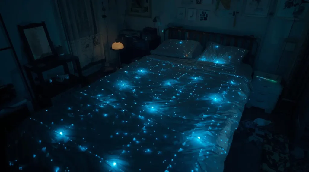 Quarto com luz de LED de aparelhos e temperatura alta — ambiente inadequado causando sono leve