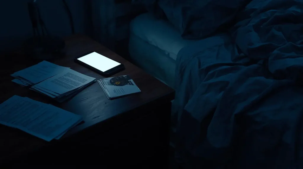 Pessoa com mente acelerada à noite na cama — estresse e ansiedade causando sono leve