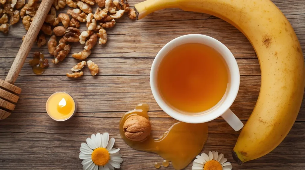 Chá de camomila e nozes sobre mesa à noite alimentos que ajudam a melhorar o sono naturalmente