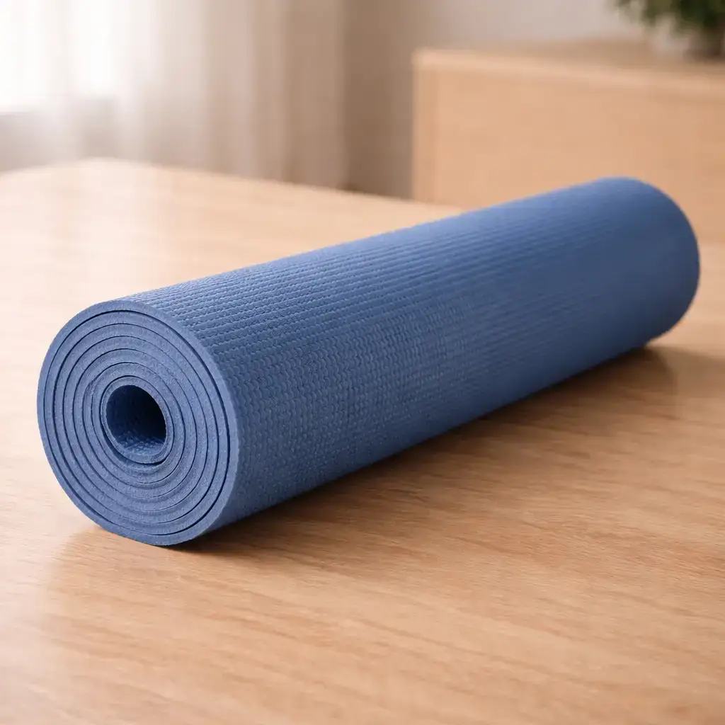 Tapete de exercícios antiderrapante azul enrolado sobre superfície clara - tapete para exercícios anti-estresse em casa