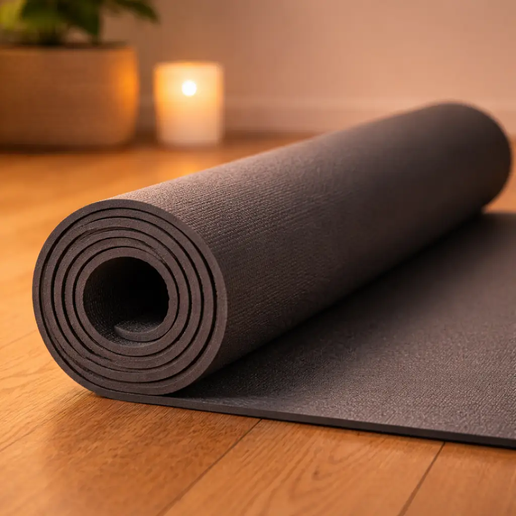 Tapete de yoga enrolado sobre superfície de madeira — alongamento noturno para não acordar cansado
