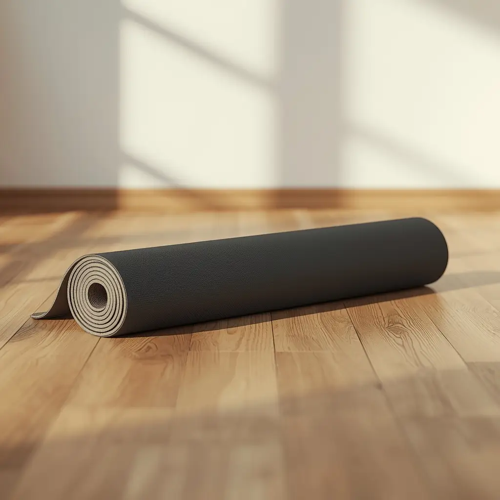 Tapete de yoga premium enrolado sobre superfície de madeira — alongamento noturno contra sono leve