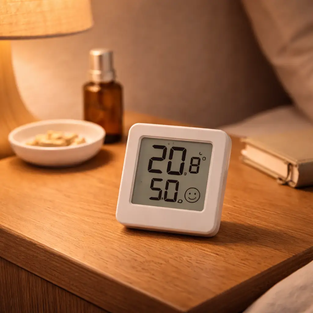 Termômetro digital com higrômetro sobre mesa de cabeceira — temperatura ideal para não acordar cansado